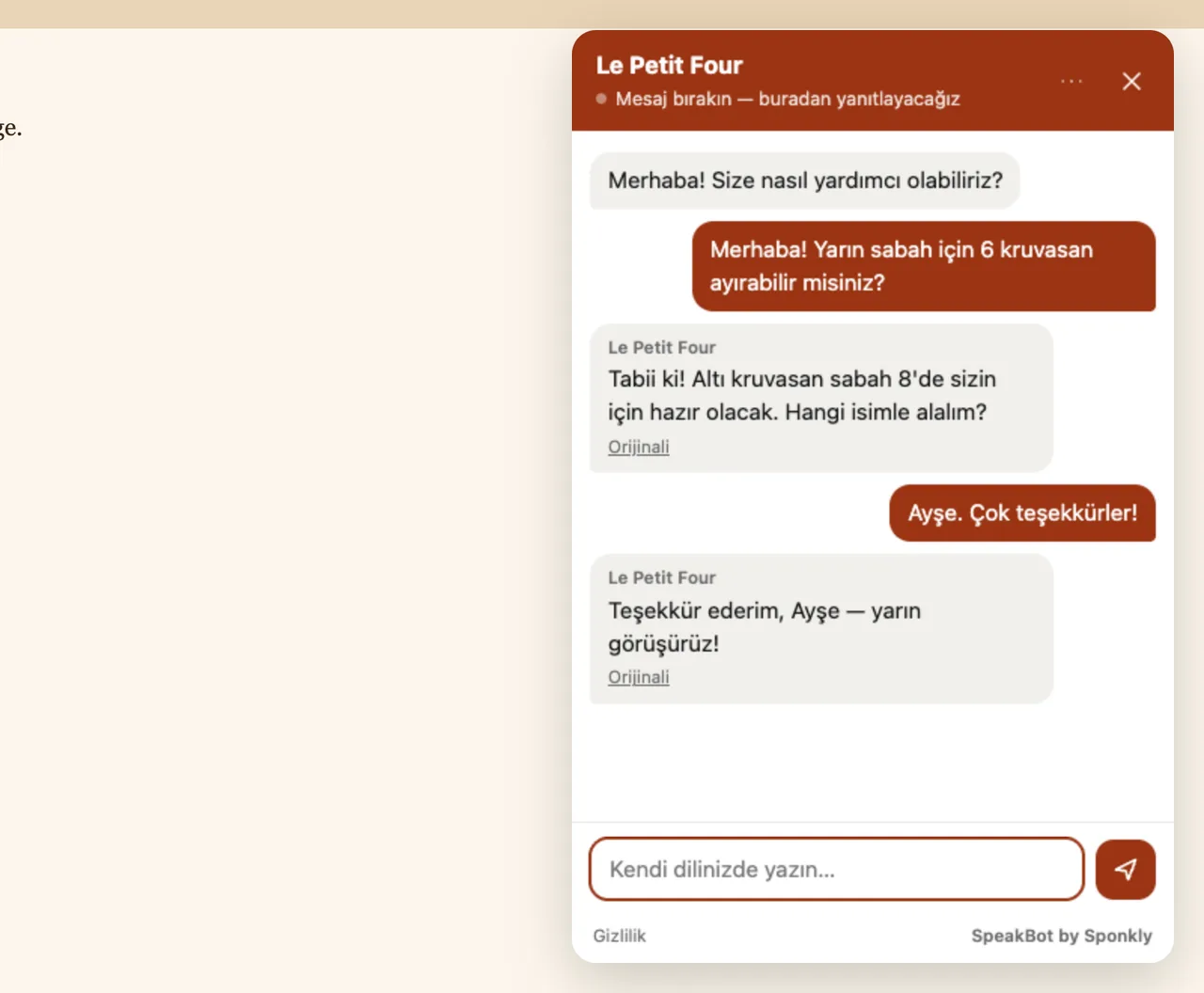 The SpeakBot window on a website: the visitor writes in Turkish, the business answers in English