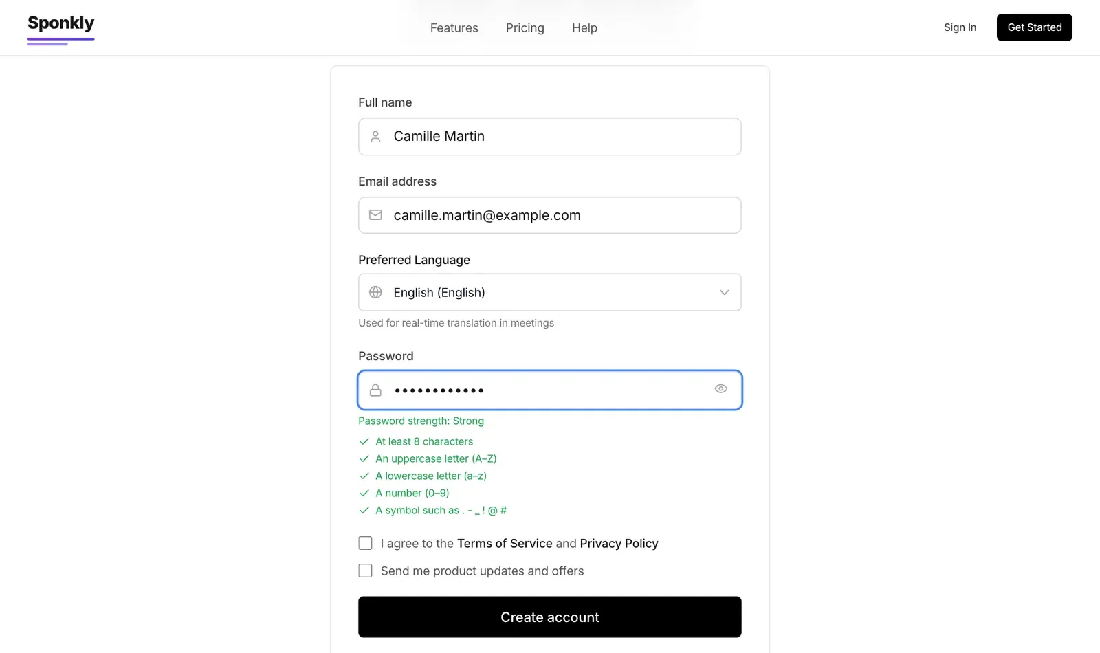 Sponkly sign-up form with name, email, language and password