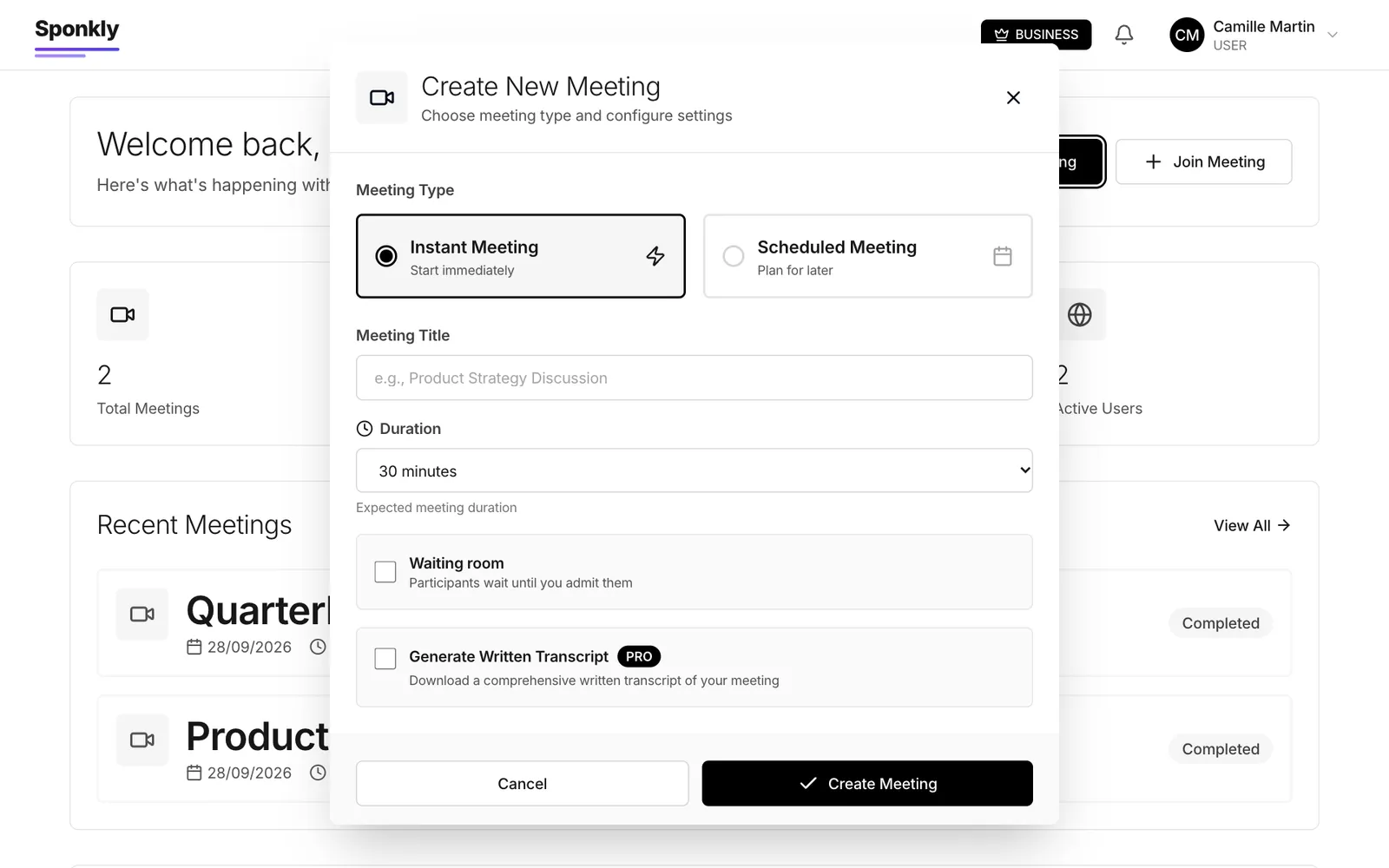 Create New Meeting dialog with meeting type, title, duration, waiting room and transcript options