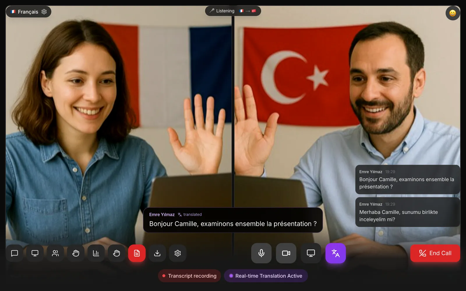 Meeting room: two participants, a French subtitle of what the Turkish speaker said