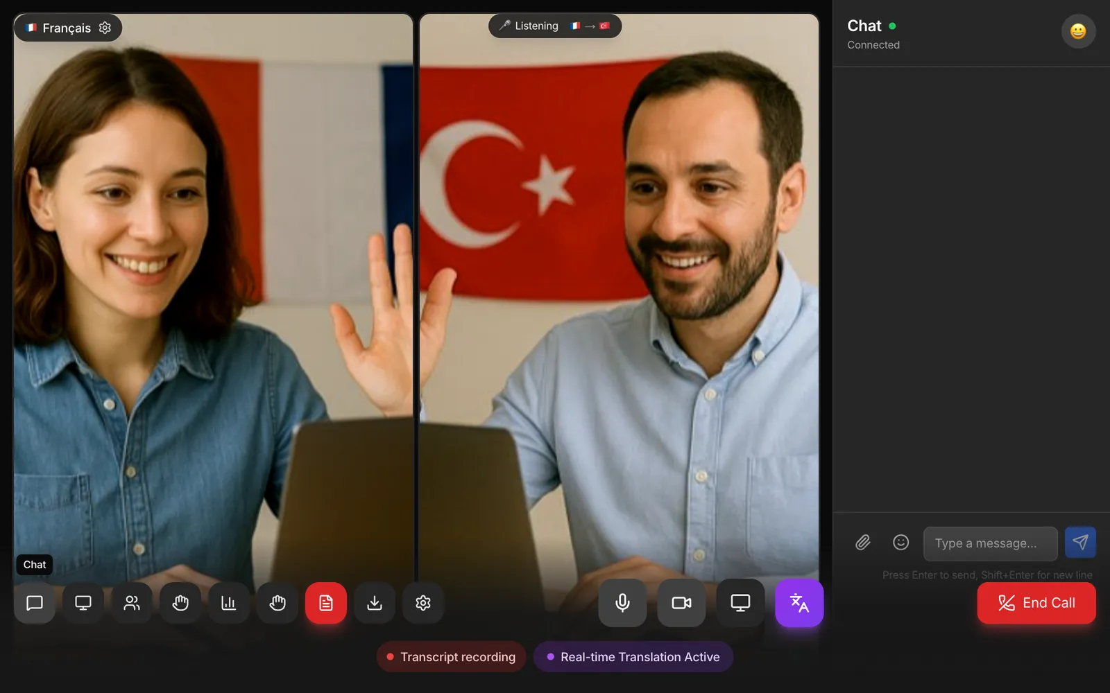 Meeting chat panel with a message box and a file button
