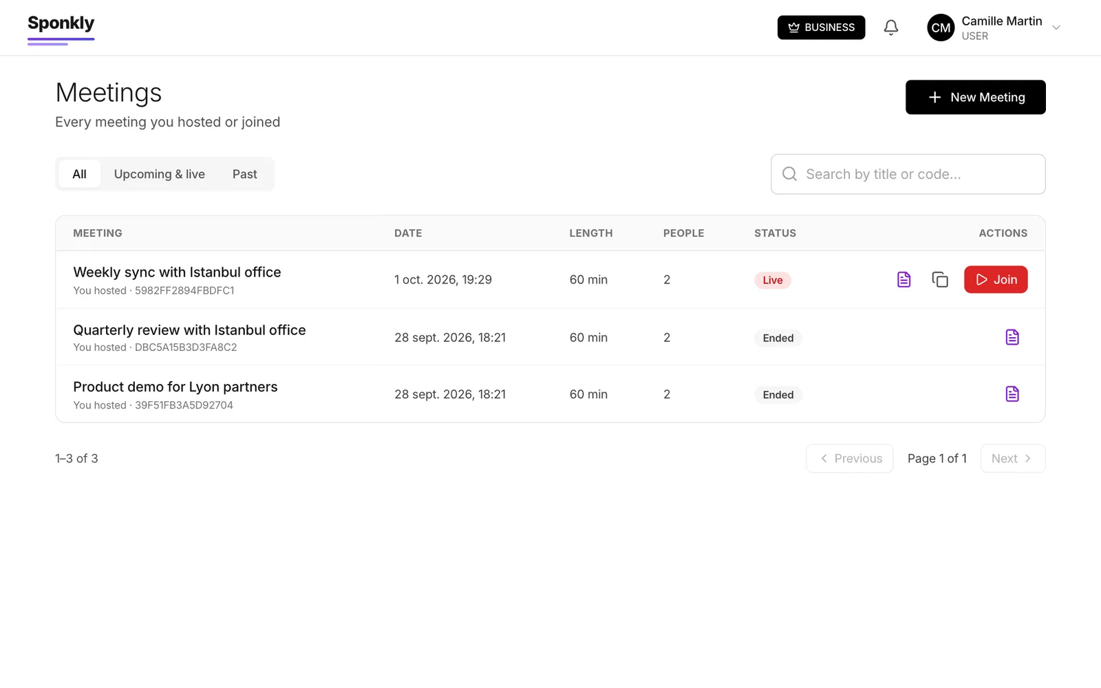 Meetings page: past and upcoming meetings with a transcript button
